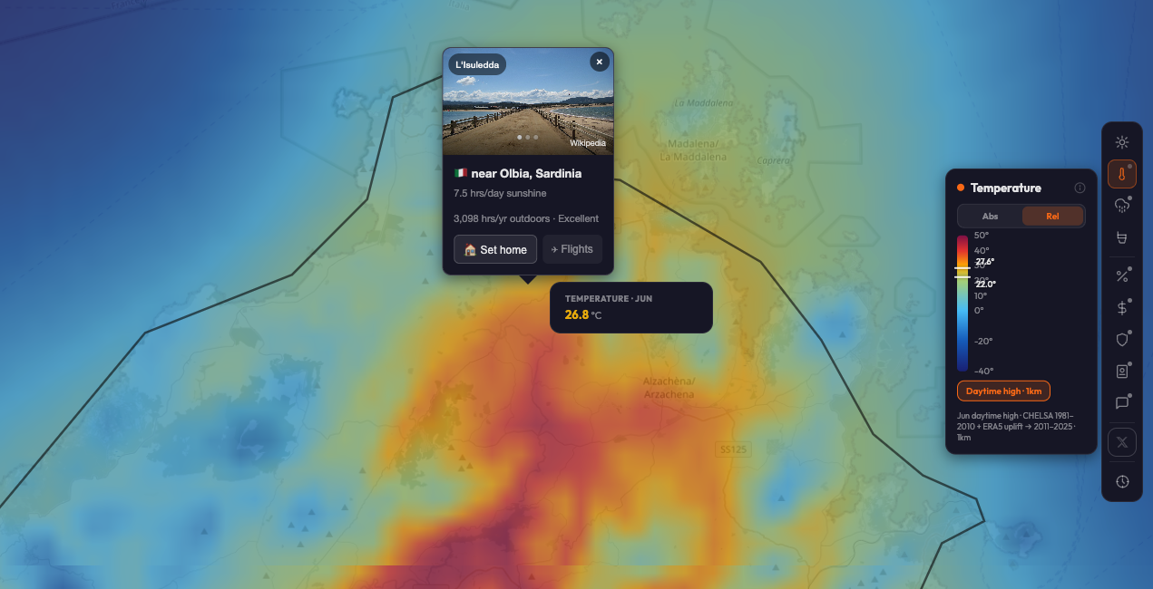 GeoRank map with the Daytime high · 1km toggle active on the Temperature layer, showing a pin at L'Isuledda near Olbia, Sardinia reading a June daytime high of 26.8°C