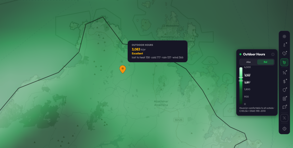 GeoRank app map over northern Sardinia showing the Outdoor Hours layer in relative mode with a green color ramp and a pin reading 3,083 hours per year rated Excellent, with a breakdown of hours lost to heat, cold, rain, and wind
